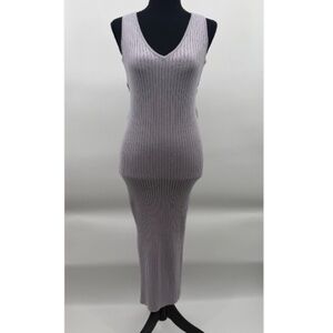 Good American Dress Women 2 Purple Ribbed Sleeveless Bodycon Midi V Neck Stretch